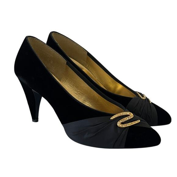 Private Collection Black Suede Rhinestone Pointed Toe Pumps Heels Size 8 B 80s - Picture 1 of 12